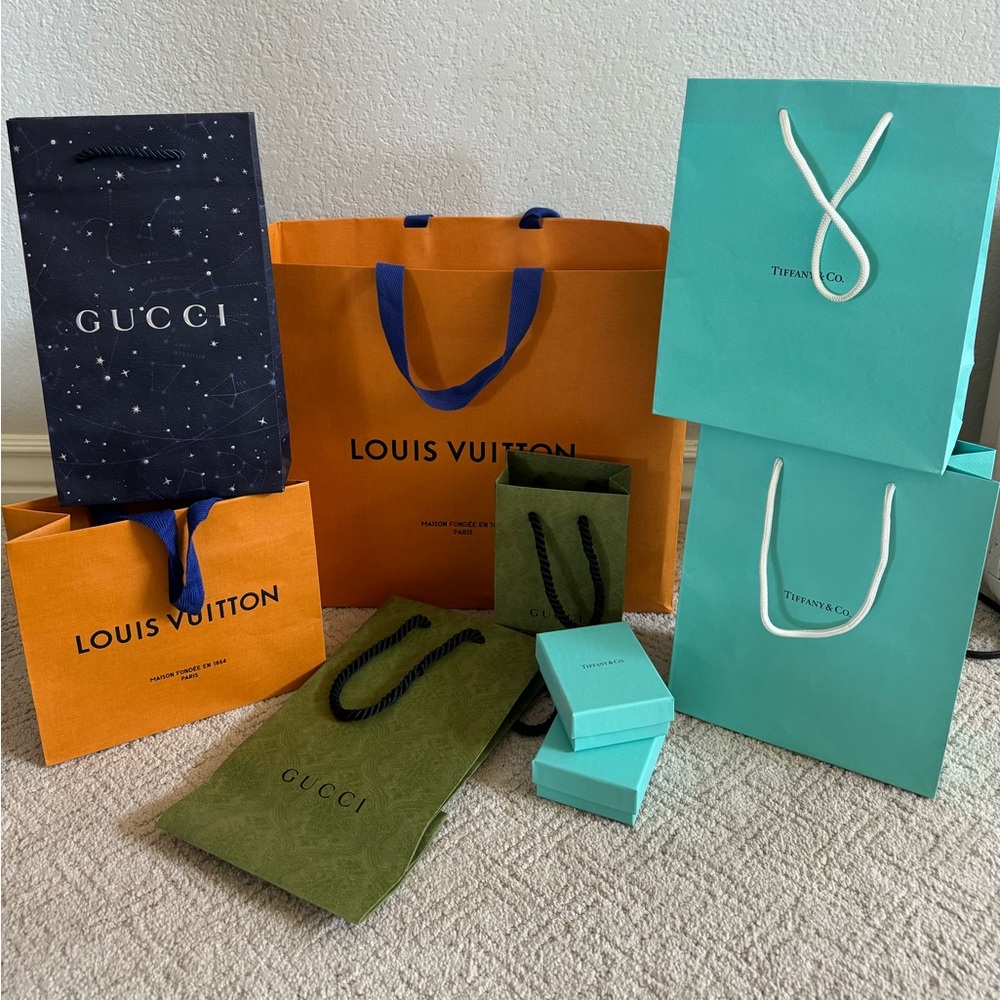 Designer Bags and Boxes lot Gucci Louis Vuitton Tiffany and co.